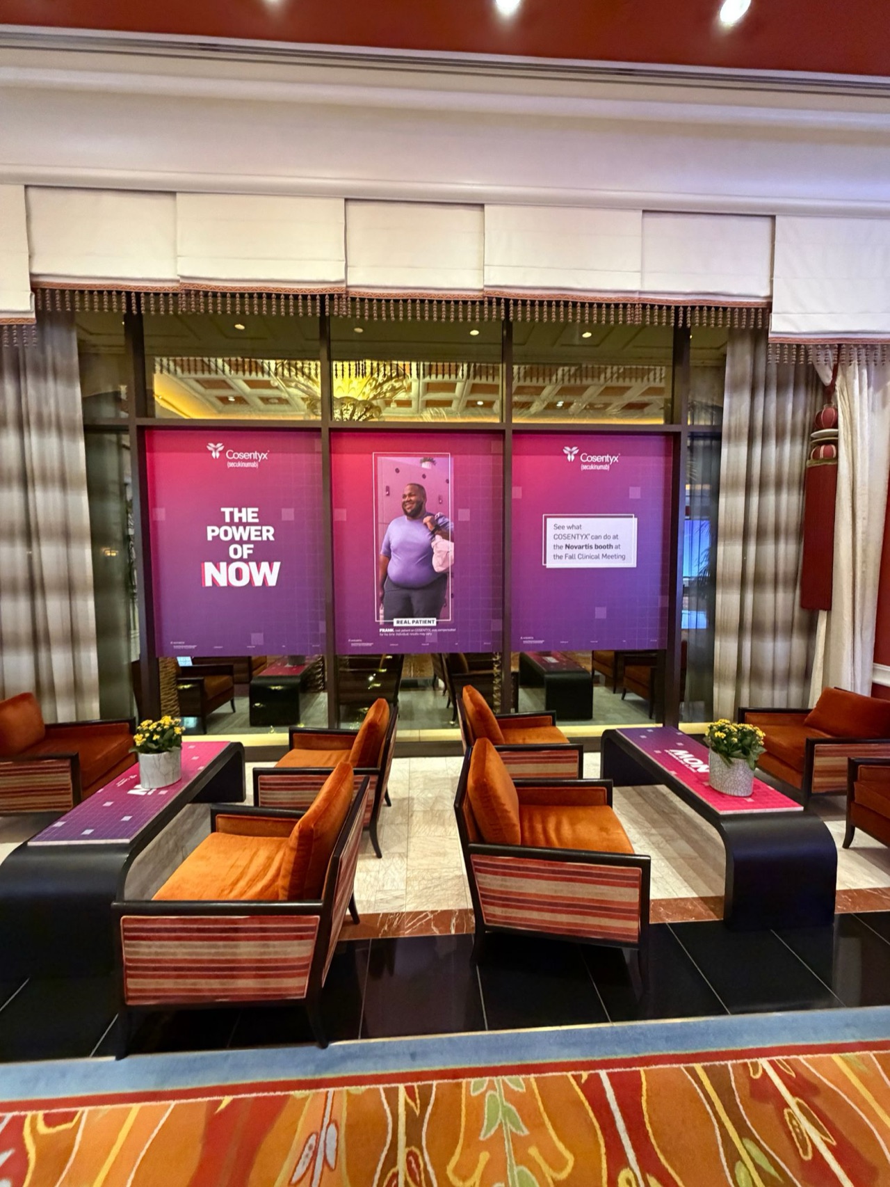 Pharma conference graphics at Wynn Las Vegas — Escalator-landing floor graphic, window graphics and table wraps for two pharma sponsors at the Fall Clinical Dermatology meeting — Las Vegas, NV
