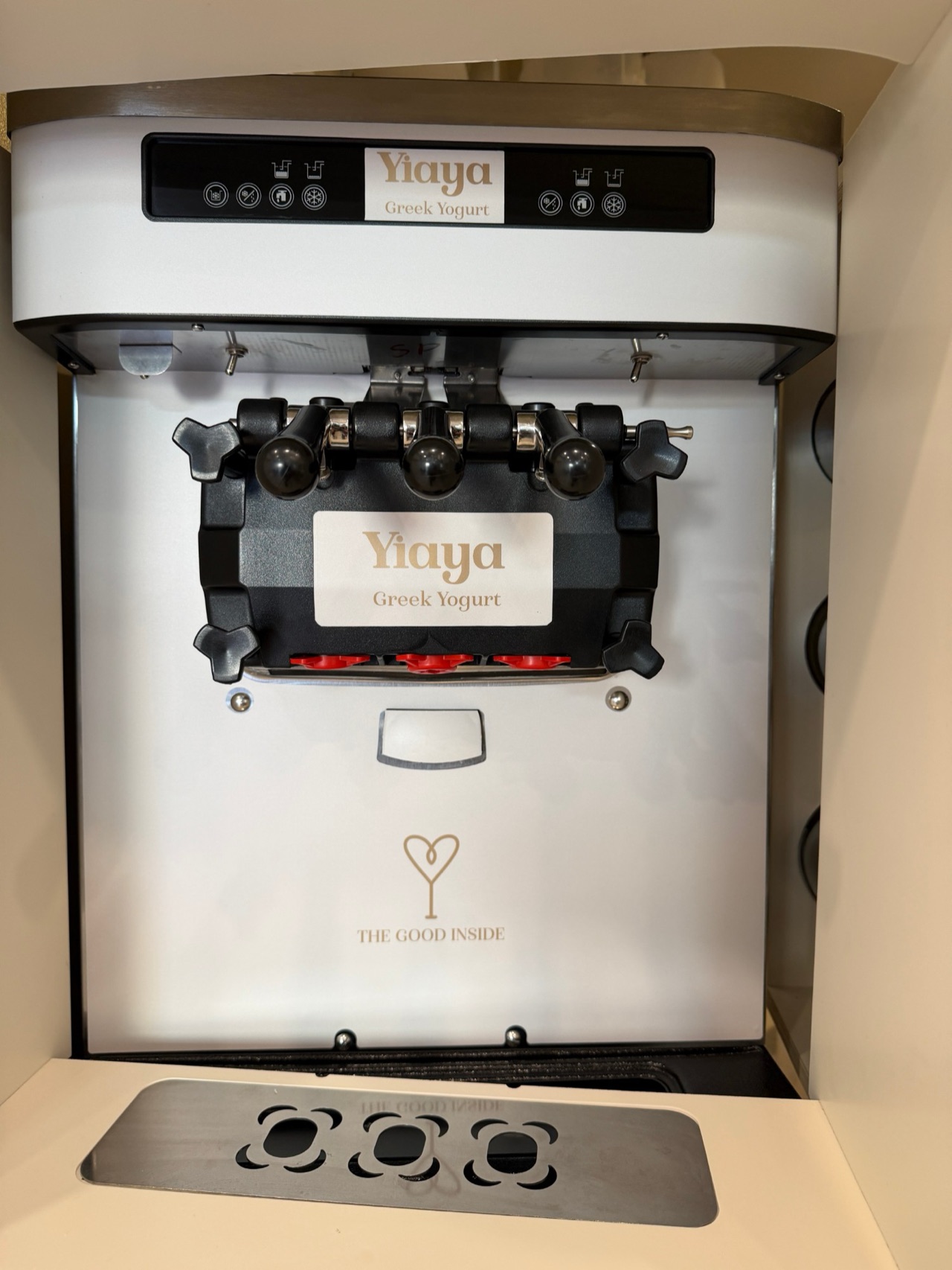 Yiaya Greek Yogurt soft-serve machine wrap — Branded panel wrap on a three-head soft-serve machine, header panel and drip tray — Palo Alto, CA