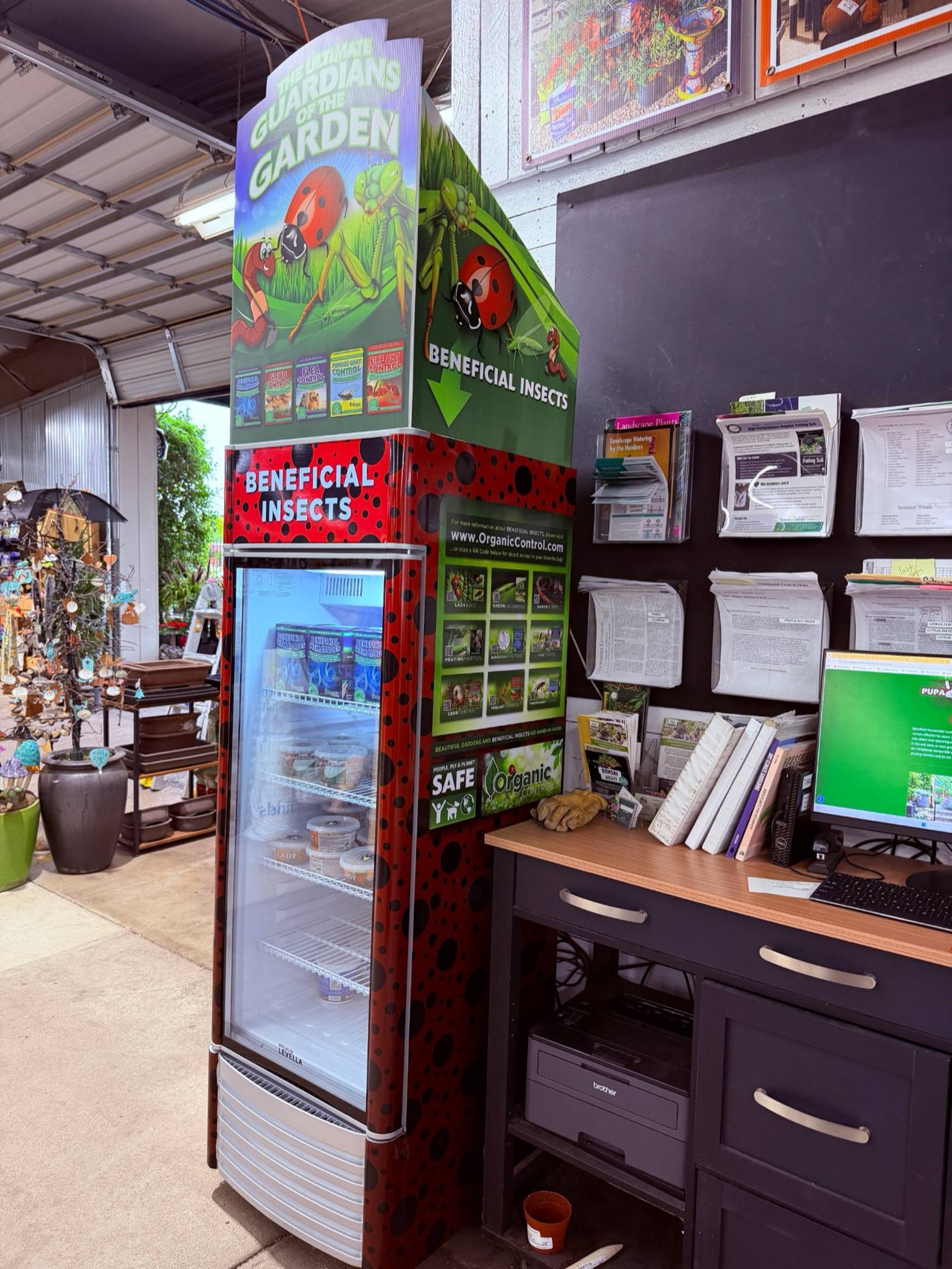 Organic Control beneficial-insect coolers — Full cooler wraps with printed header toppers at SummerWinds Nursery garden centers — Phoenix, AZ