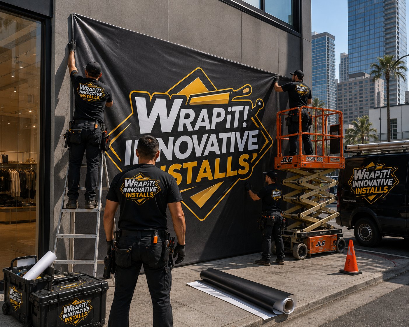 Wrap It! crew deploying large format wall graphic