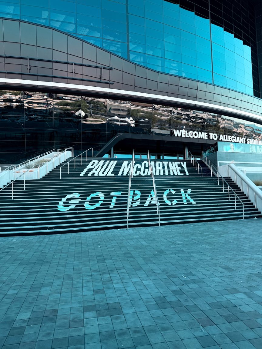 Paul McCartney Got Back graphics installed on the Allegiant Stadium entry stairs in Las Vegas