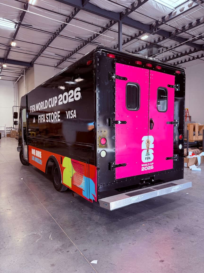 FIFA World Cup 2026 Store truck with a full black and pink wrap