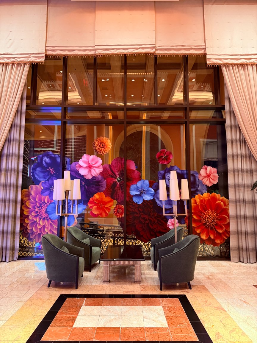 Large floral window graphics on resort lounge glass