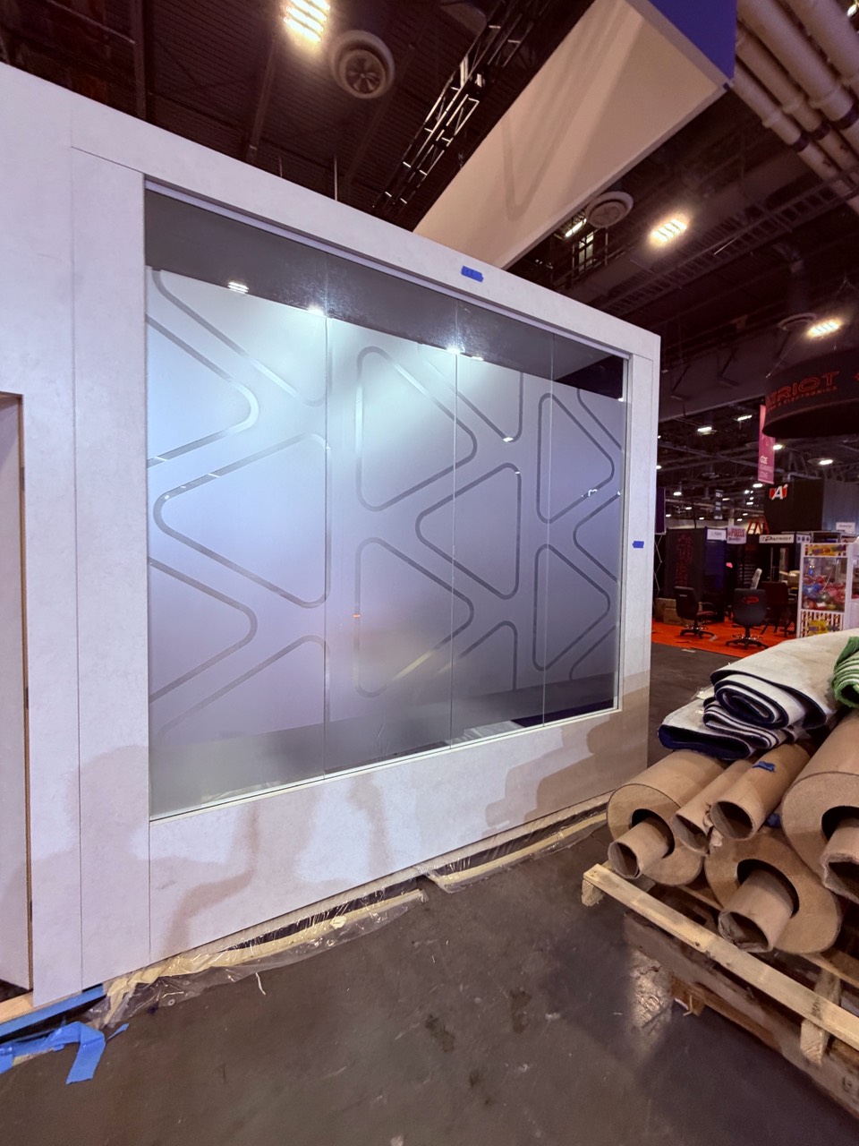 Frosted pattern window film on exhibit booth glass